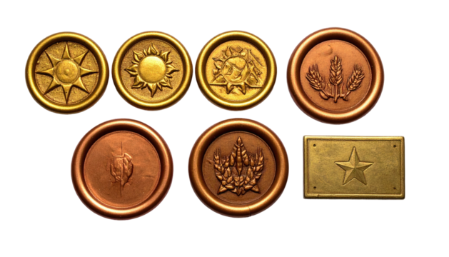 Collection of gold and bronze circular emblem seals on dark