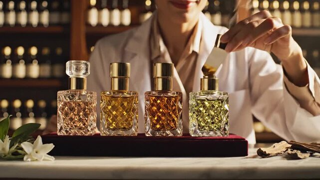 Woman scientist analyzing liquids with glassware in laboratory setting with shelves of bottles