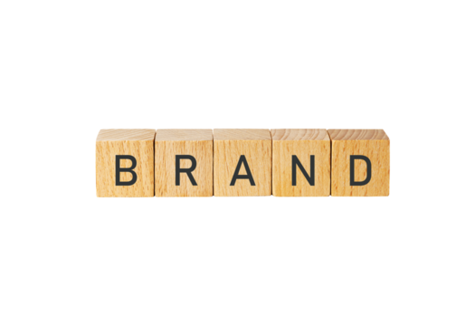 Wooden letter blocks spelling brand isolated on transparent background