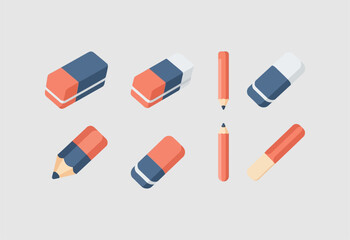 Isometric illustration of erasers and pencils for school and office supplies.