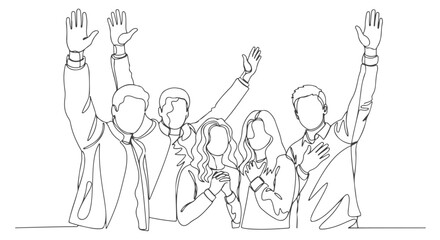 Continuous line art drawing of group of people raising hands in one line