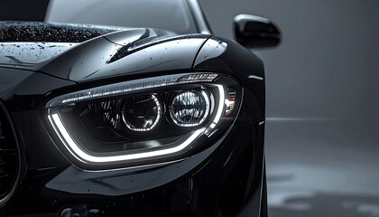 Close-up of a sleek, black automobile, showcasing the detail of its headlights. Water droplets add texture to the reflective, polished surface