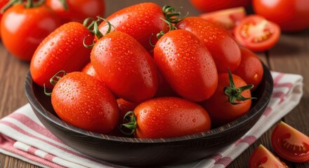 A dark bowl filled with ripe, red roma tomatoes, some with water droplets, on a wooden surface © PhotoHub