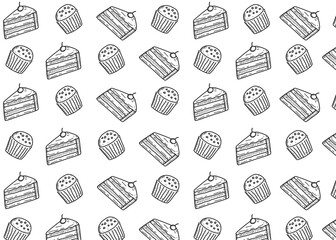 Seamless pattern of hand-drawn cakes and muffins in doodle line art style. Perfect for bakery packaging, café branding, wrapping paper, textile design, and background decoration. Food packaging