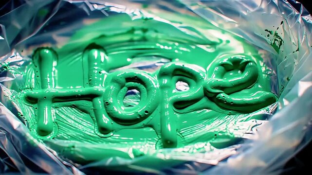 Green paint forming the word HOPE in a container.