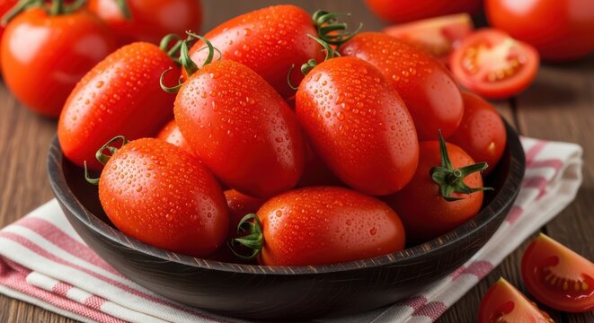 A dark bowl filled with ripe, red roma tomatoes, some with water droplets, on a wooden surface