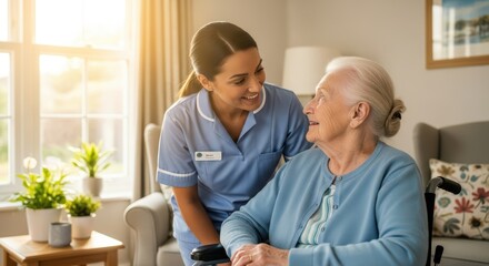 Caregiver assisting elderly woman in a comfortable home setting.