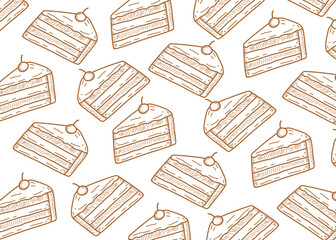 Seamless pattern of hand-drawn cake slices in doodle line art style. Perfect for bakery branding, dessert packaging, café menu design, textile prints, and creative backgrounds. Simple brown and white 