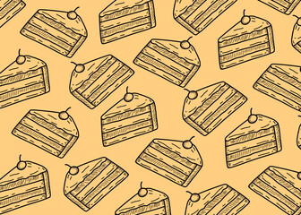 Seamless pattern of hand-drawn cake slices in doodle line art style. Perfect for bakery branding, dessert packaging, café menu design, textile prints, and creative backgrounds. Simple black and cream