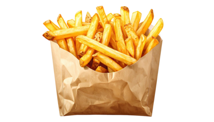 French fries overflowing in a brown paper bag, crispy