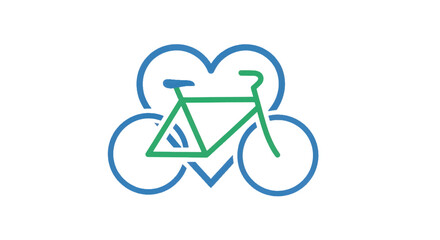 Abstract bike silhouette overlaid on a blue heart outline, geometric green frame, stylized wheels!!!