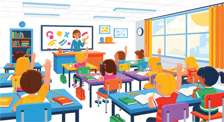 Bright classroom scene teacher at front, students raising hands, colorful desks and books. Busy day