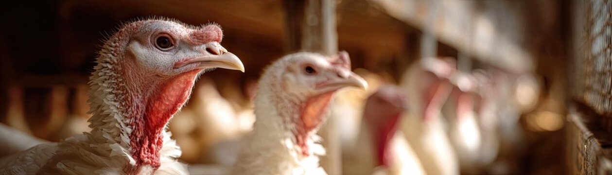 A close-up image of turkeys in a farm setting, showcasing their features, with soft lighting illuminating their profiles.