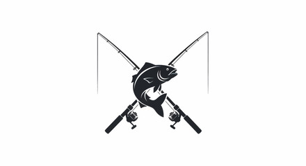 Central bold fish silhouette with two crossed fishing rods behind, visible reels and handles boldly