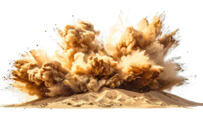 Explosive cloud of desert sand rising from a sandy dune