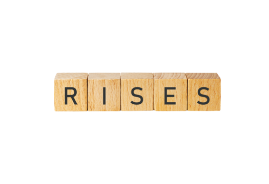 Wooden letter tiles spelling rises isolated on transparent background