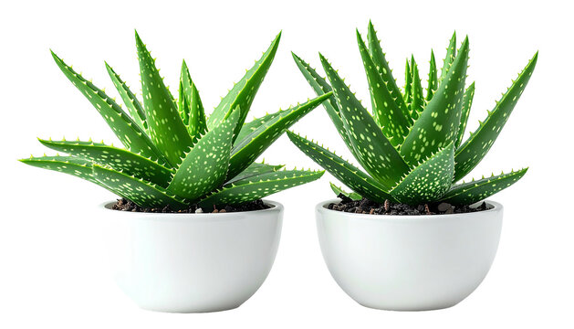 Two aloe plants in white pots. Studio shot with black background - Powered by Adobe