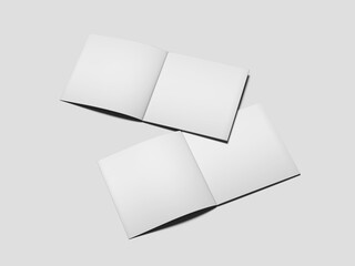 Blank White Square Magazine Mockup 3D Render Showing Two Open Notebook Spreads Overlapping and Angled on a White Background