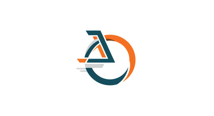 Geometric teal triangle entwines with orange arc forming a circular motion around a grey core. Bold