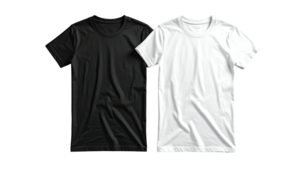 Two t-shirts, one black, one white, laid flat on black background