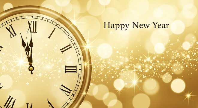 Countdown to New Year's Eve celebration with golden clock