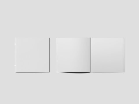 Blank White Square Magazine Mockup 3D Render Showing One Closed Notebook and One Open Notebook Spread Lined Up Horizontally on a White Background