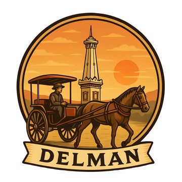 Vintage Delman Carriage Vector Logo with Tugu Yogyakarta &ndash; Transparent PNG