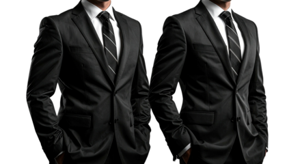 Two men shown chest-up in dark suits with striped ties