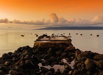 Sunrise on Historic Kamalo Wharf With Lanai Across The Kalohi Channel, Kamalo, Molakai, Hawaii, USA