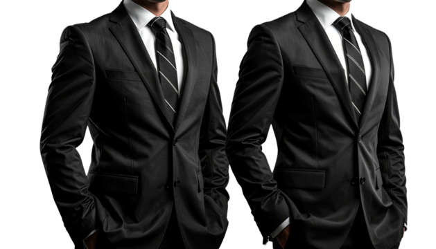 Two men shown chest-up in dark suits with striped ties