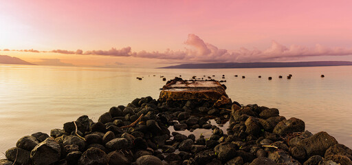 Sunrise on Historic Kamalo Wharf With Maui and Lanai in The Distance , Kamalo, Molakai, Hawaii, USA