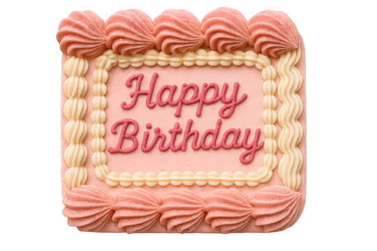 Pink happy birthday celebration cake square cookie or biscuit, decorated with buttercream frosting, transparent background