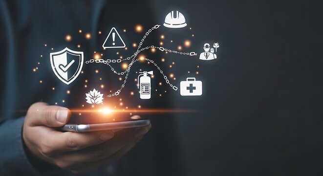 Digital safety conceptualization: Hand using device showing connected icons representing secure network and security solutions. - Powered by Adobe