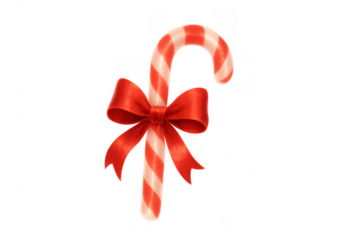 Candy cane with red ribbon bow. Christmas holiday treat and winter season decoration, transparent background