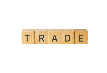 Wooden scrabble tiles spelling trade isolated on transparent background