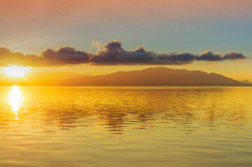 Sunrise Reflection With Maui Across Pailolo Channel, Molokai, Hawaii, USA