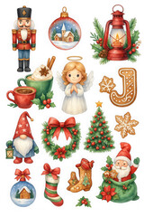 festive collection of Christmas themed illustrations featuring nutcracker, ornaments, angel, lantern, hot cocoa, gnomes, wreath, tree, cookies, and Santa Claus