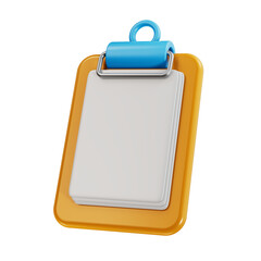 3d Clipboard icon with empty paper on a transparent background.