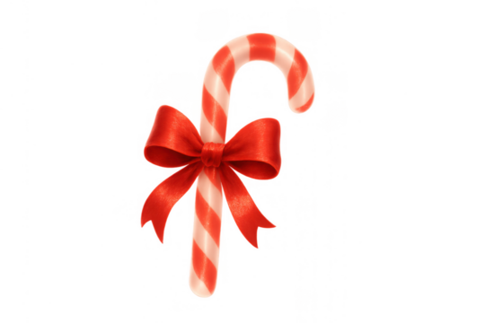 Candy cane with red ribbon bow. Christmas holiday treat and winter season decoration, transparent background