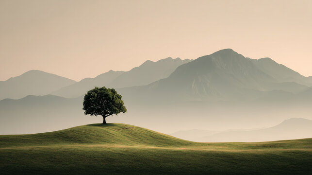 Tranquil nature green meadow single tree peaceful morning