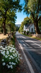 Obraz premium Idyllic Country Lane Lined with Trees and Daisies Leading to a Quaint White Cottage on a Sunny Day with Clear Blue Sky