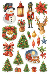 festive collection of Christmas themed illustrations featuring snowman, nutcracker, reindeer, Christmas trees, and ornaments, evoking holiday cheer