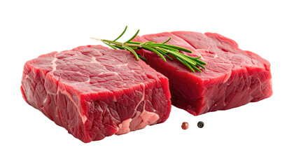 Raw, red meat cubes, garnished with rosemary, on dark background