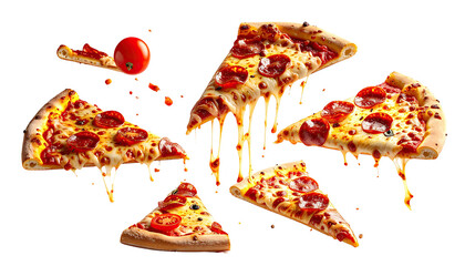 Flying slices of pepperoni pizza with melted cheese