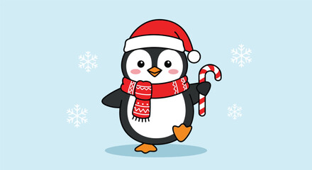 Adorable cartoon penguin wearing a Santa hat and scarf holding a candy cane.