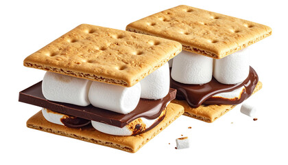 Two smores are layered with chocolate, graham cracker, and marshmallow