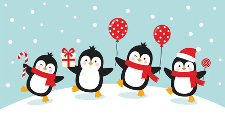 Adorable cartoon penguins celebrating Christmas with gifts and balloons.