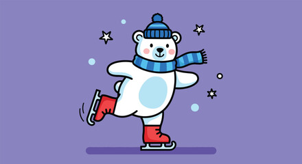 Adorable cartoon polar bear ice skating in winter
