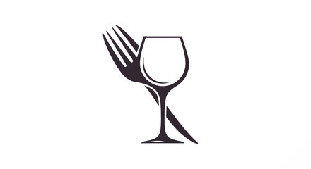 Stylized wine glass silhouette intertwined with a fork, forming a culinary emblem with soft lines.!