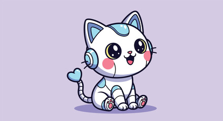 Adorable Cartoon Robot Cat with Heart Tail and Headphones.